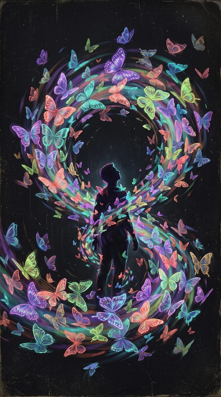 Surreal Human Silhouette Enveloped in Vibrant Translucent Butterflies - Free 8K and 4K mobile Wallpaper Background