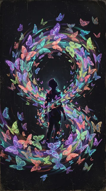 Surreal Human Silhouette Enveloped in Vibrant Translucent Butterflies - Free 4K & 8K mobile Wallpaper