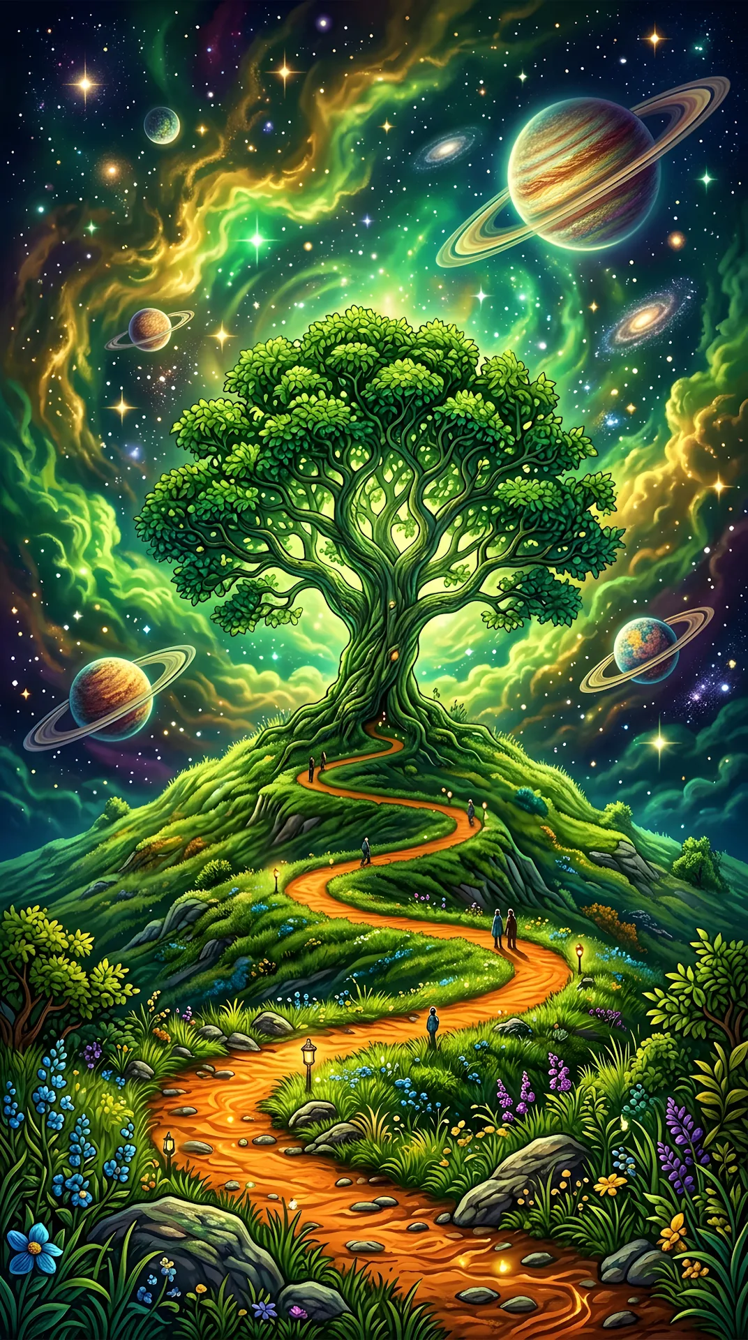 Surreal Illustration of a Green Tree with Cosmic Sky - Free 4K mobile Wallpaper