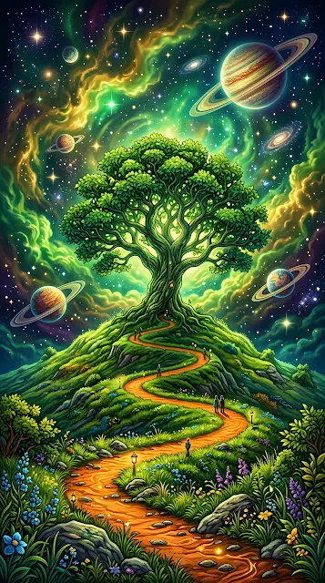 Surreal Illustration of a Green Tree with Cosmic Sky - Free mobile Wallpaper