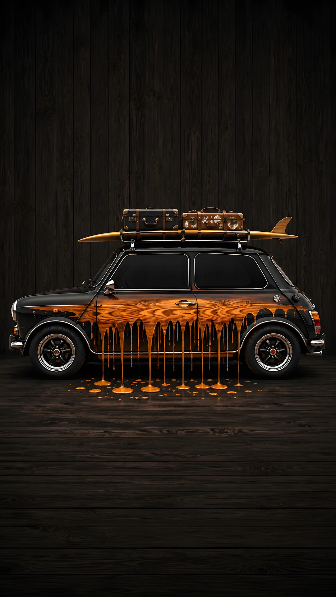 Surreal illustration of a vintage beetle car melting on wooden backdrop - Free 4K mobile Wallpaper
