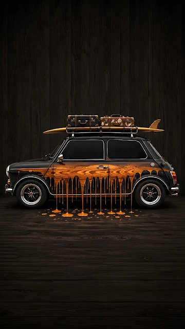 Surreal digital artwork of a classic vintage car with its side body panel melting into orange paint drips on a dark wood background.