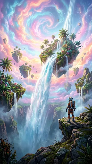 Surreal Inverted Waterfall and Floating Islands with Explorer - Free 4K & 8K mobile Wallpaper