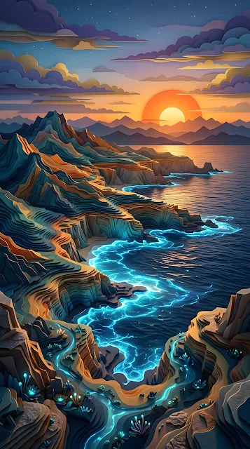 Surreal Layered Cliffside Sunset with Glowing Blue Tide - Free mobile Wallpaper