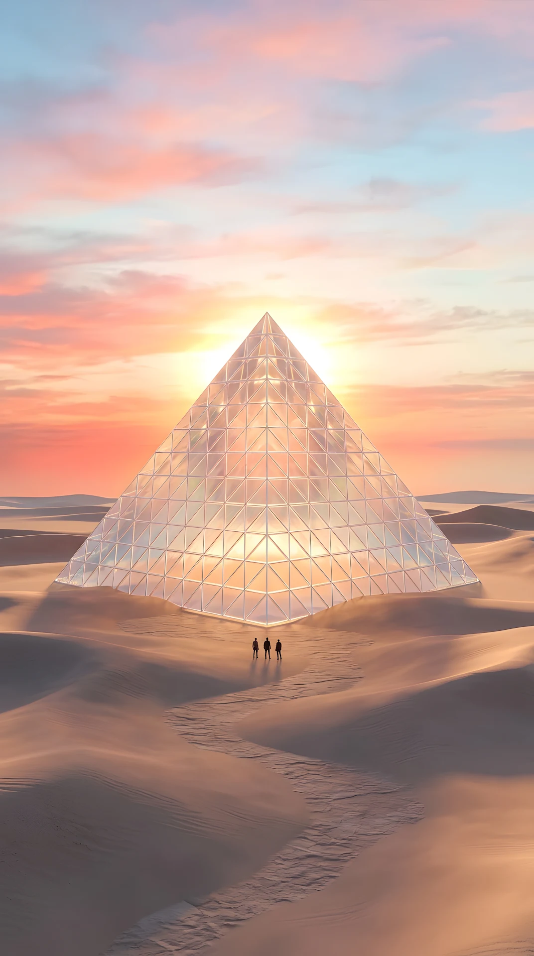 Surreal Minimalist Desert with Colossal Transparent Pyramid - Free 4K mobile Wallpaper