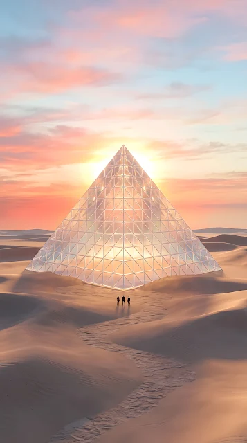 Surreal Minimalist Desert with Colossal Transparent Pyramid - Free mobile Wallpaper