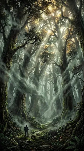 Surreal Misty Forest with Sparkling Dappled Light and Silhouette Figure - Free 4K & 8K mobile Wallpaper