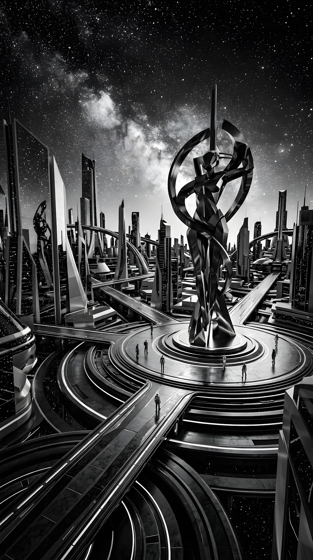 Surreal Monochromatic Sci-Fi Cityscape Under Stars - Free 4K mobile Wallpaper