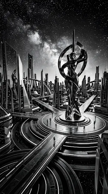 Surreal Monochromatic Sci-Fi Cityscape Under Stars - Free mobile Wallpaper