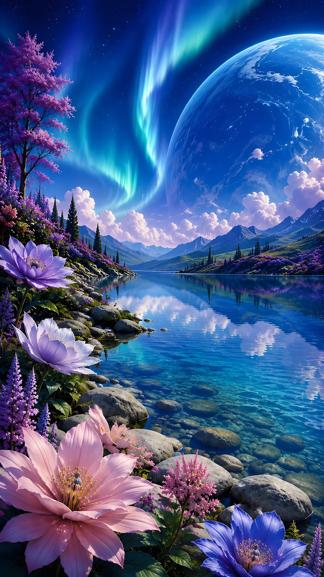 Surreal Mountain Lake Under Aurora Borealis and Giant Planet - Free 4K mobile Wallpaper
