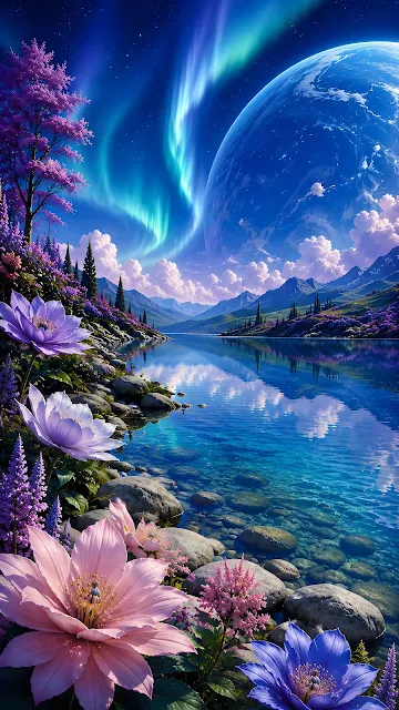 Crystal clear mountain lake with pink flowers foreground under glowing aurora borealis and giant gas planet backdrop.