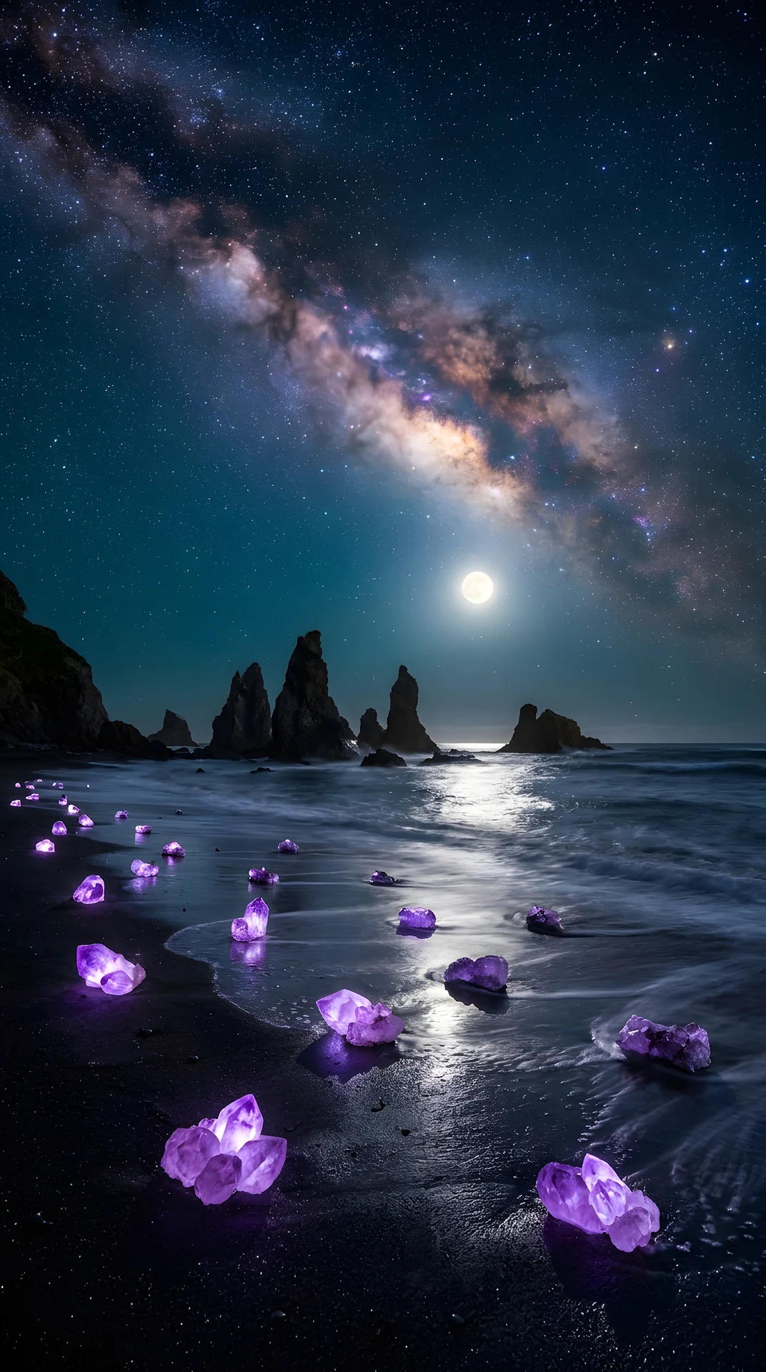 Surreal Night Photography of Glowing Purple Crystals on a Dark Beach - Free 4K mobile Wallpaper