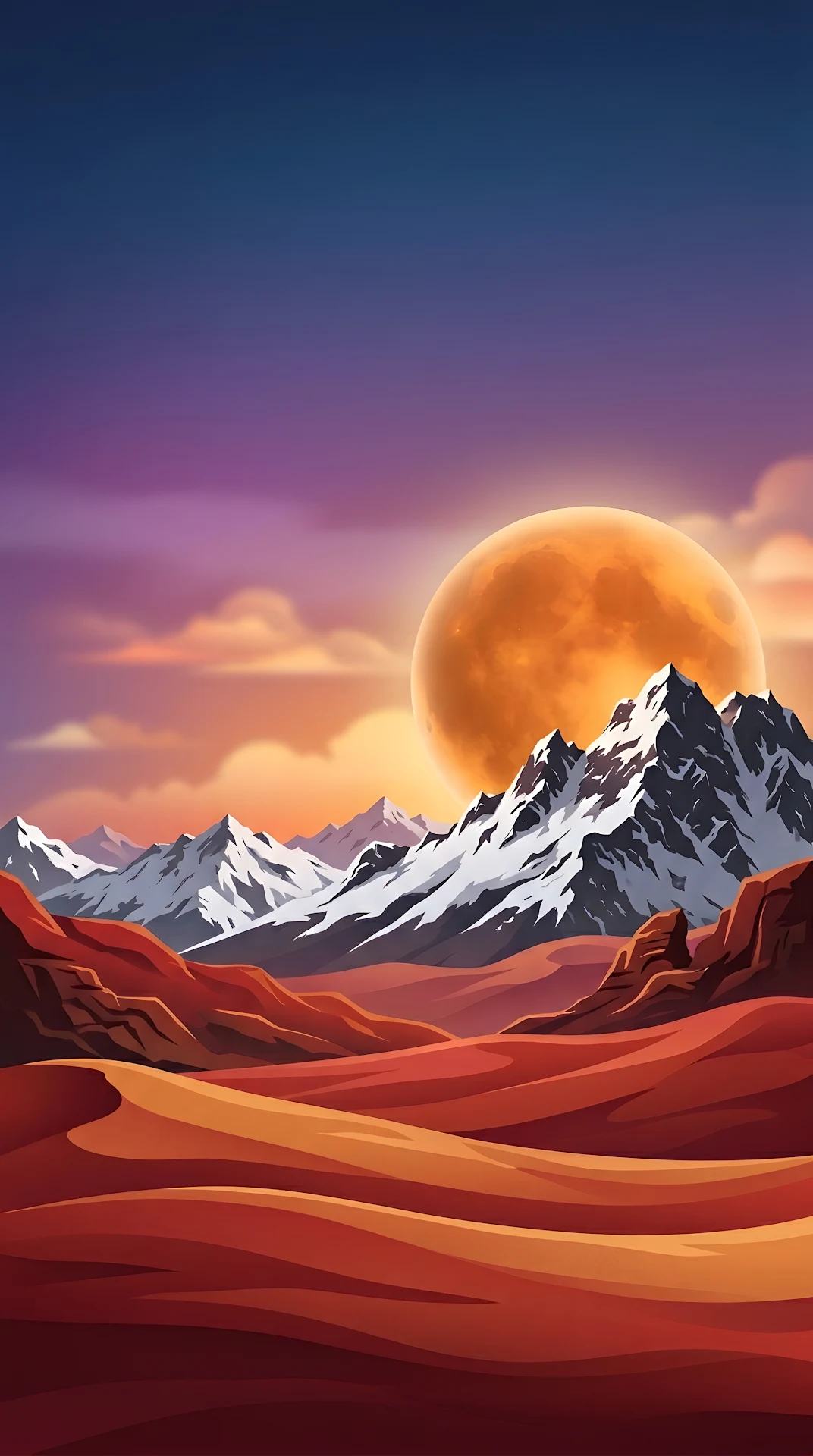 Surreal Orange Moon Over Snowy Mountains Illustration - Free 4K mobile Wallpaper