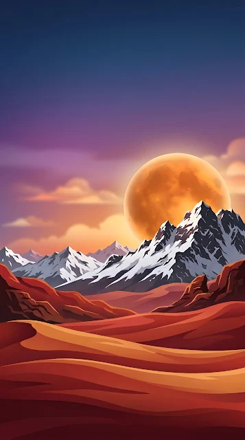 Surreal Orange Moon Over Snowy Mountains Illustration - Free mobile Wallpaper
