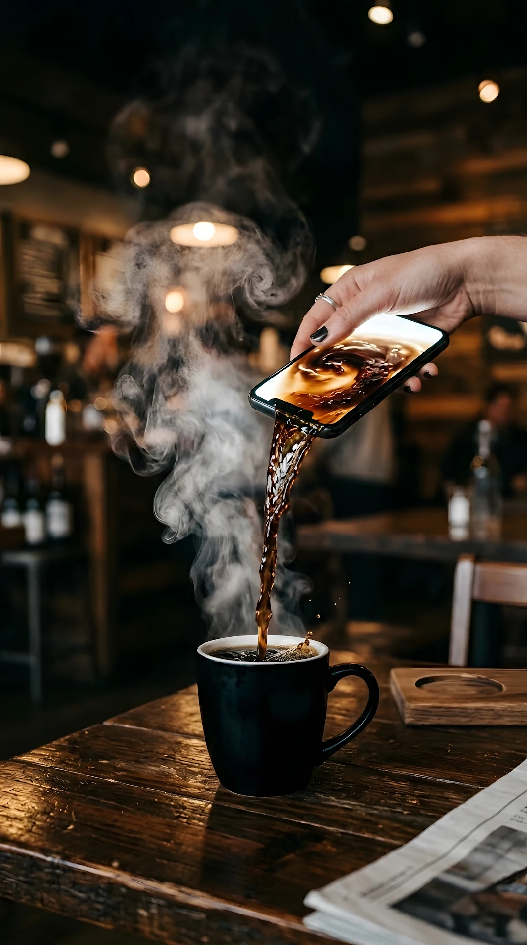 Surreal Photography of Coffee Pouring Out of a Smartphone Screen - Free 4K mobile Wallpaper