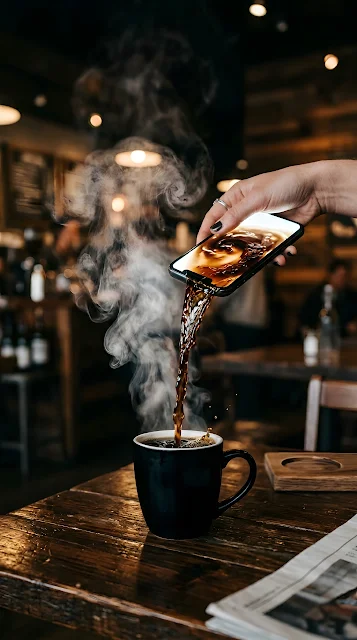 Surreal Photography of Coffee Pouring Out of a Smartphone Screen - Free mobile Wallpaper