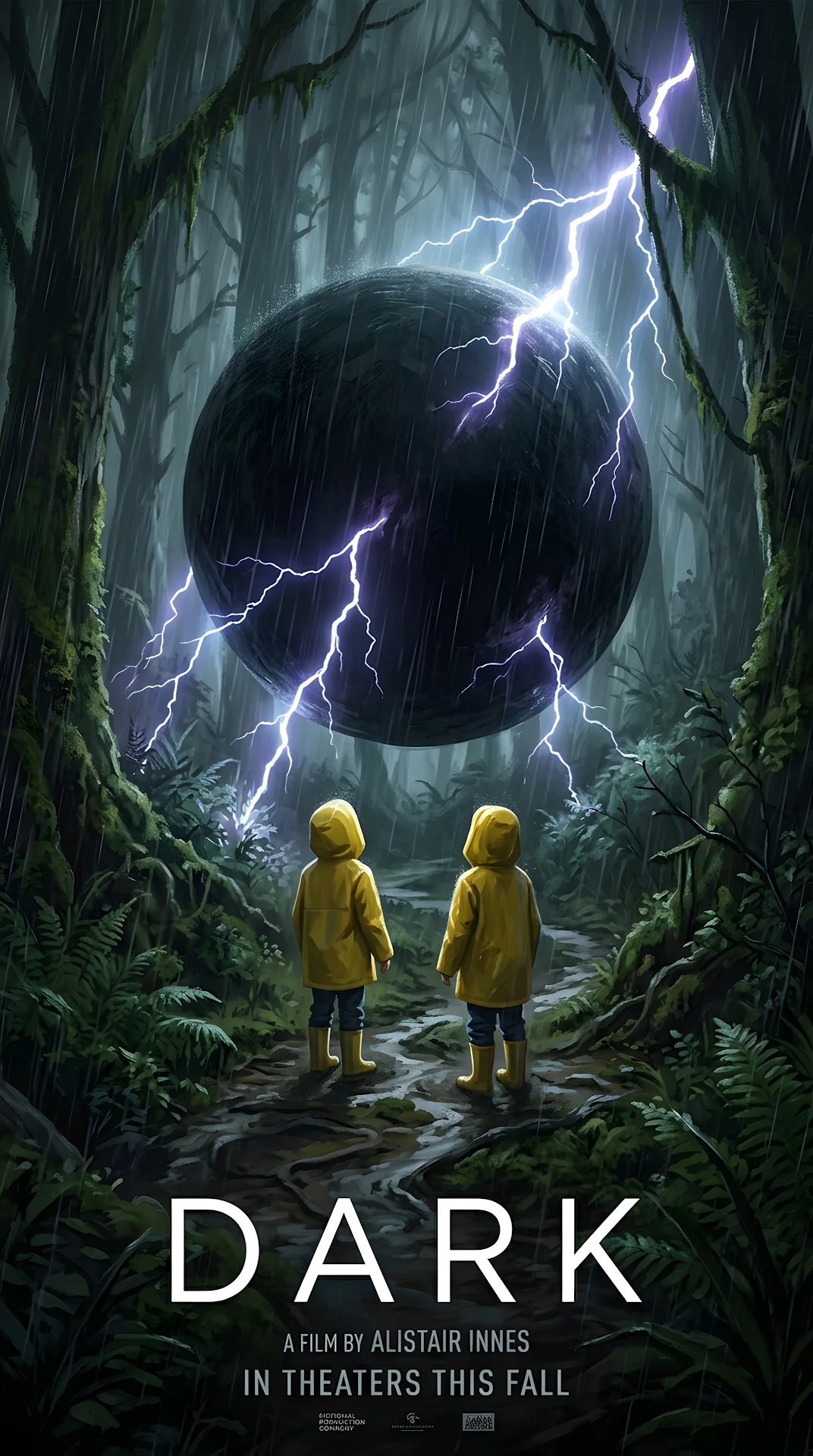 Surreal Poster with a Floating Black Sphere and Two Children in a Forest - Free 4K mobile Wallpaper