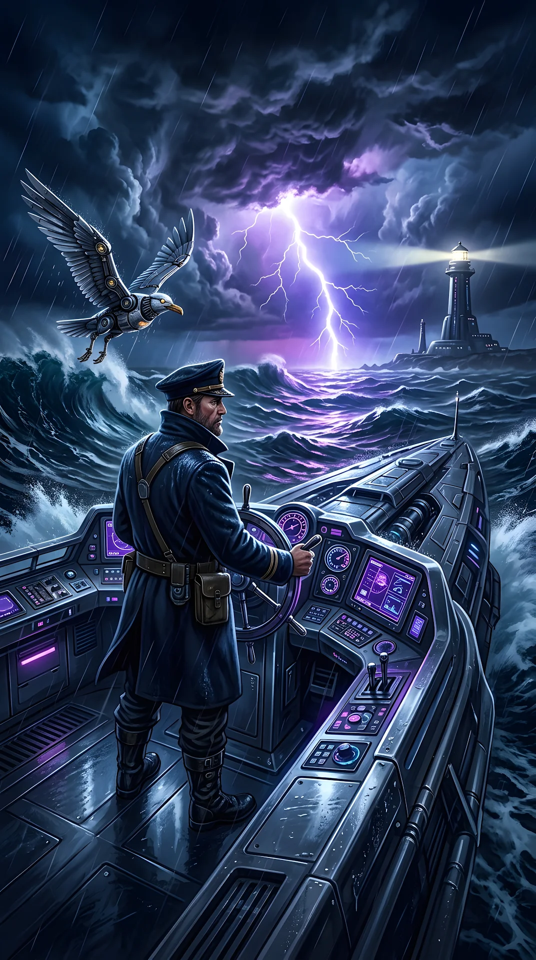 Surreal Retro-Futuristic Seascape with Sailor - Free 4K mobile Wallpaper