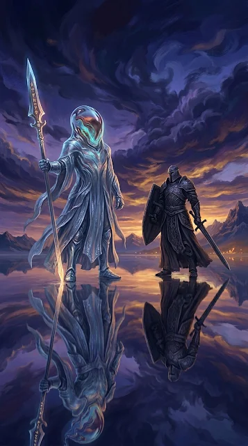 Surreal Sea Guardians in Liquid Glass Helmets and Flowing Robes - Free 4K & 8K mobile Wallpaper