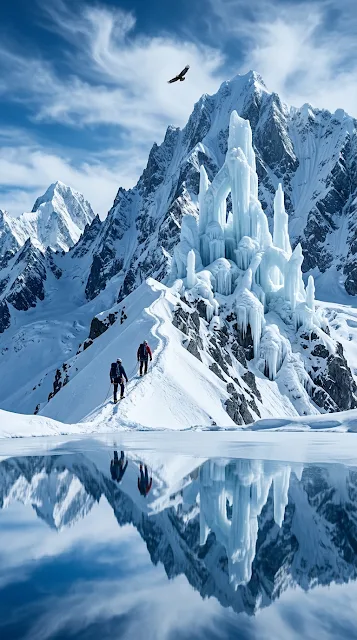 Surreal Snowy Mountains with Colossal Ice Sculpture and Climbers - Free 4K & 8K mobile Wallpaper