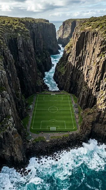 Surreal Soccer Field Built into a Steep Coastal Cliff Ravine - Free 4K & 8K mobile Wallpaper