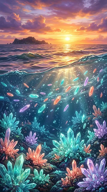 Surreal Underwater Crystals Growing Toward a Golden Sunset - Free 4K & 8K mobile Wallpaper