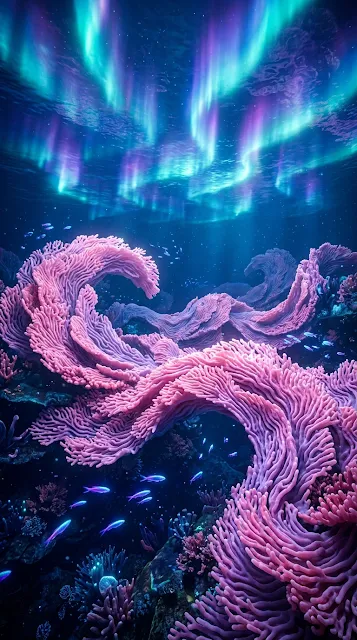 Surreal Underwater Landscape with Coral and Water Aurora - Free 4K & 8K mobile Wallpaper