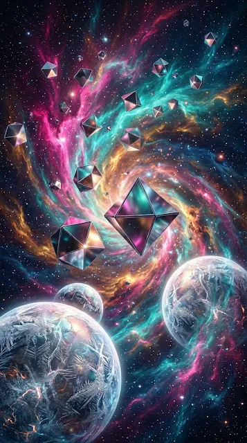 Surreal Universe with Floating Metallic Octahedrons and Nebulae - Free 4K & 8K mobile Wallpaper