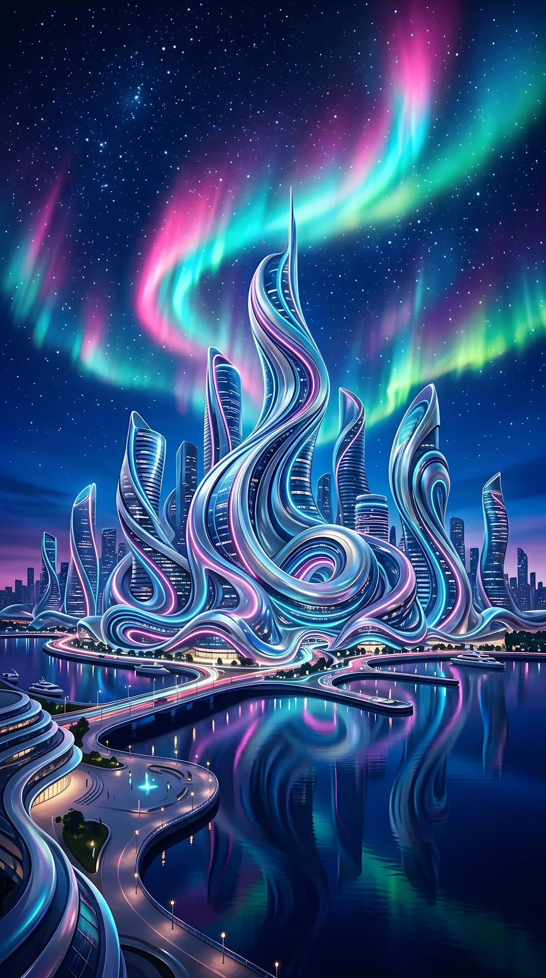 Surreal Wave Cityscape with Neon Aurora Sky - Free 4K mobile Wallpaper