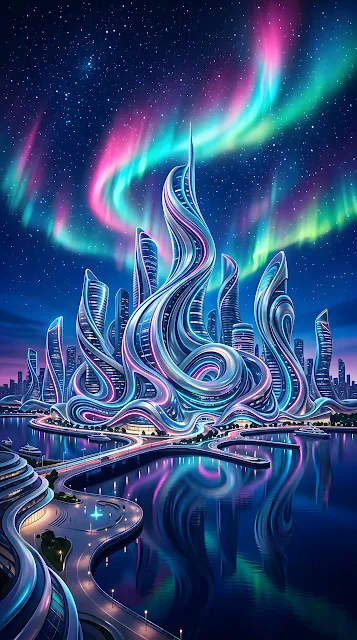 Surreal Wave Cityscape with Neon Aurora Sky - Free mobile Wallpaper