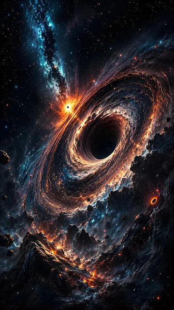 Massive black hole with a glowing fiery accretion disk surrounded by cosmic dust and distant galaxies.