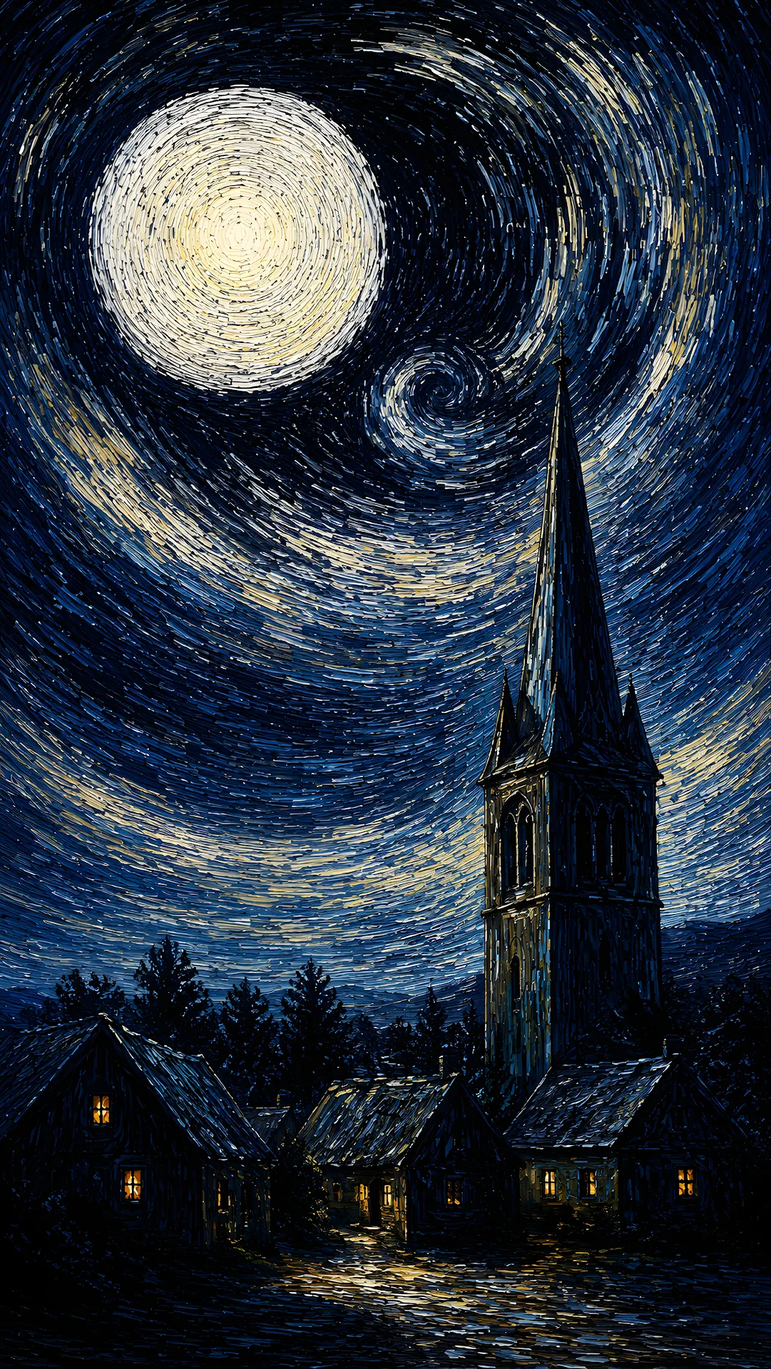 Swirling Moon Above a Quiet Village - Free 4K mobile Wallpaper