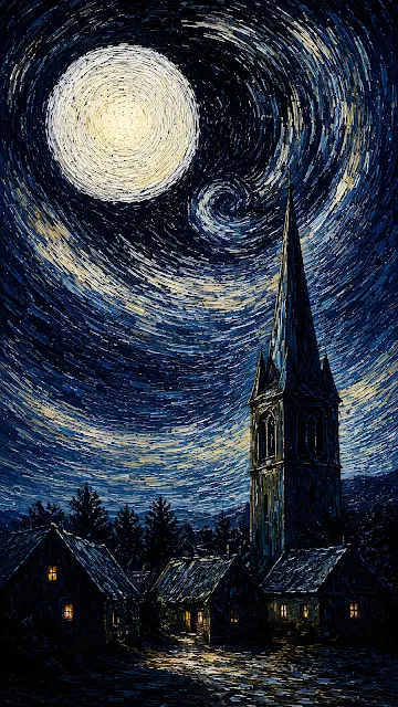 Large textured moon swirls above a dark village and tall church tower with warmly lit windows.