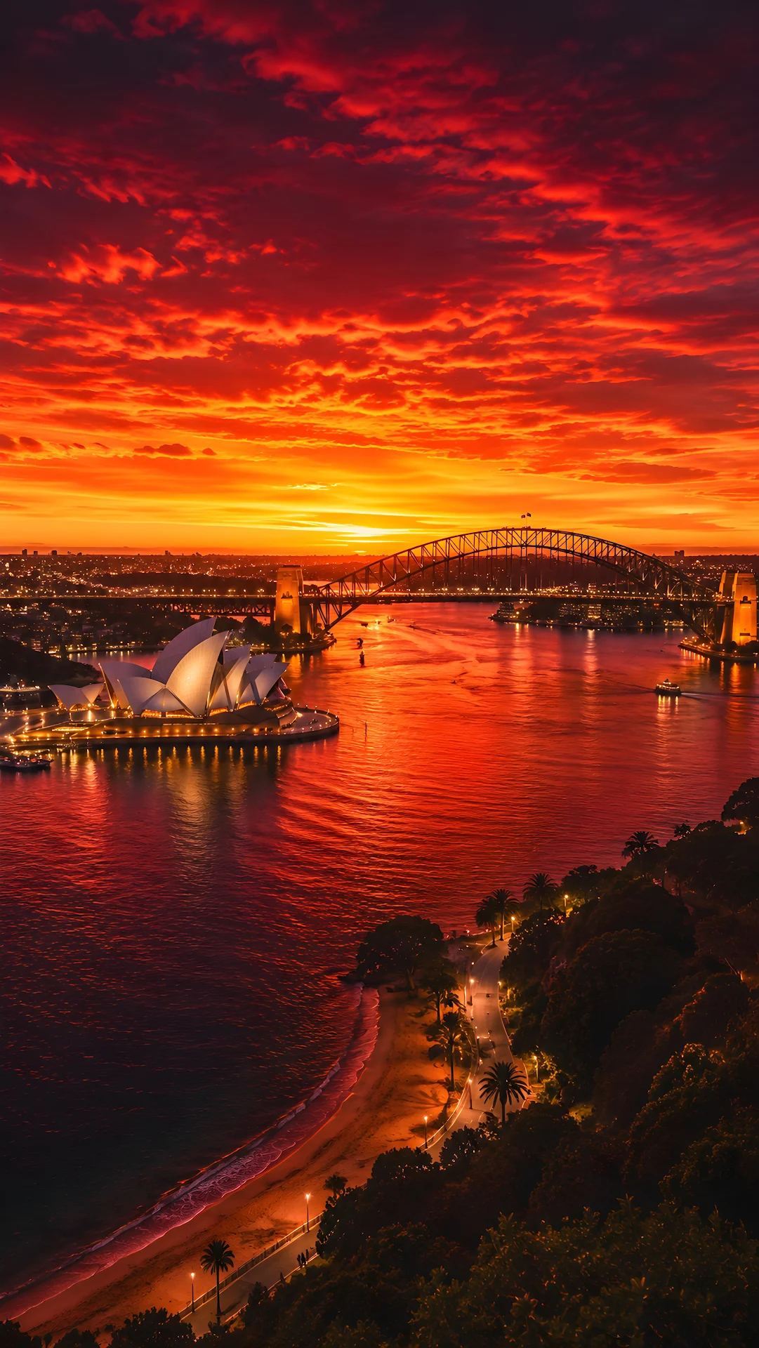 Sydney Opera House and Harbour Bridge at Red Sunset - Free 4K mobile Wallpaper