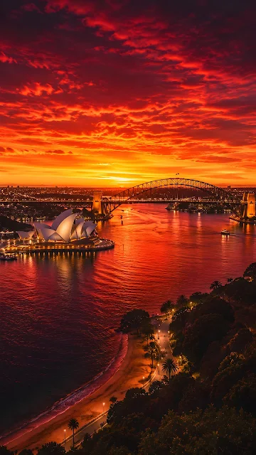 An aerial sunset view of the Sydney Opera House and Harbour Bridge, with the sky and water glowing in vibrant shades of red and orange.