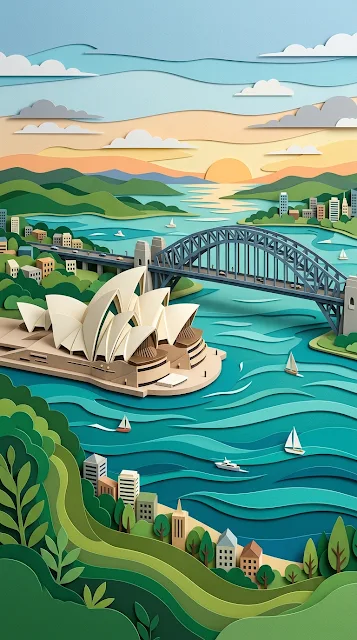 Sydney Opera House and Harbour Bridge in a Layered Paper Style - Free 4K & 8K mobile Wallpaper