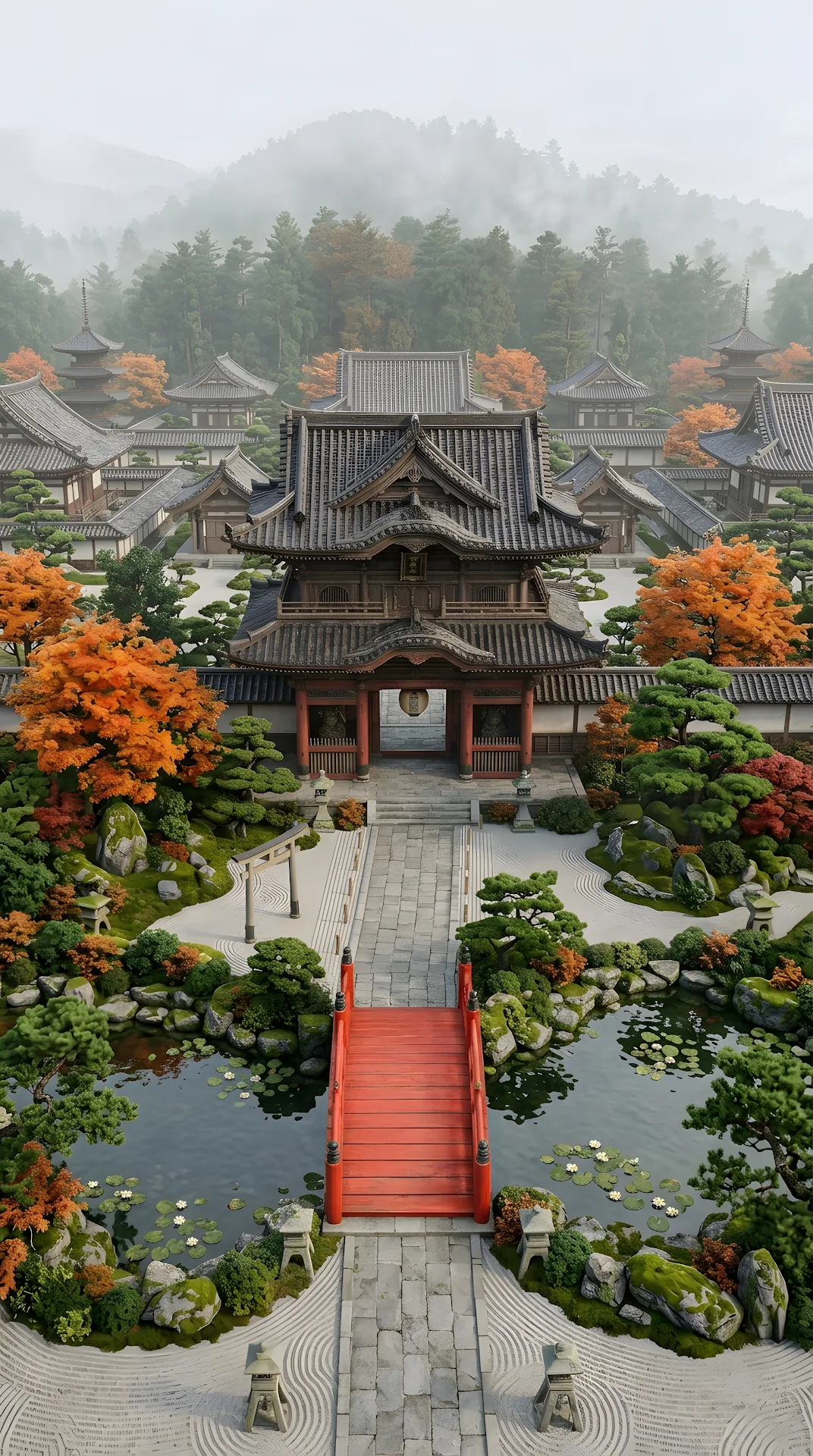 Symmetrical 3D Render of a Traditional Japanese Temple and Red Bridge in Autumn - Free 4K mobile Wallpaper
