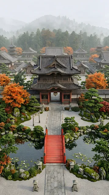 Symmetrical 3D Render of a Traditional Japanese Temple and Red Bridge in Autumn - Free mobile Wallpaper