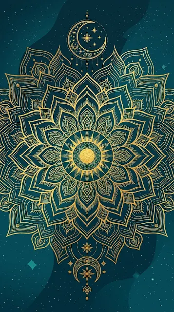 Symmetrical Golden Lotus Mandala with Sacred Geometry and Celestial Accents - Free 4K & 8K mobile Wallpaper