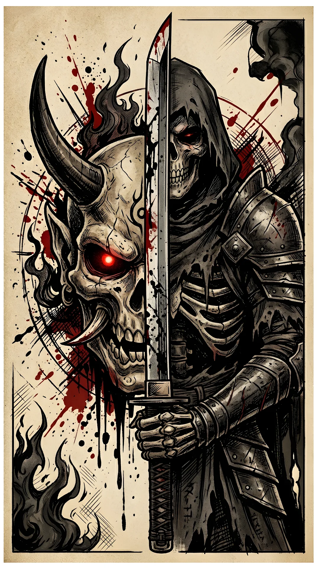 Symmetrical Illustration of an Oni Skull and Hooded Warrior with a Katana - Free 4K mobile Wallpaper