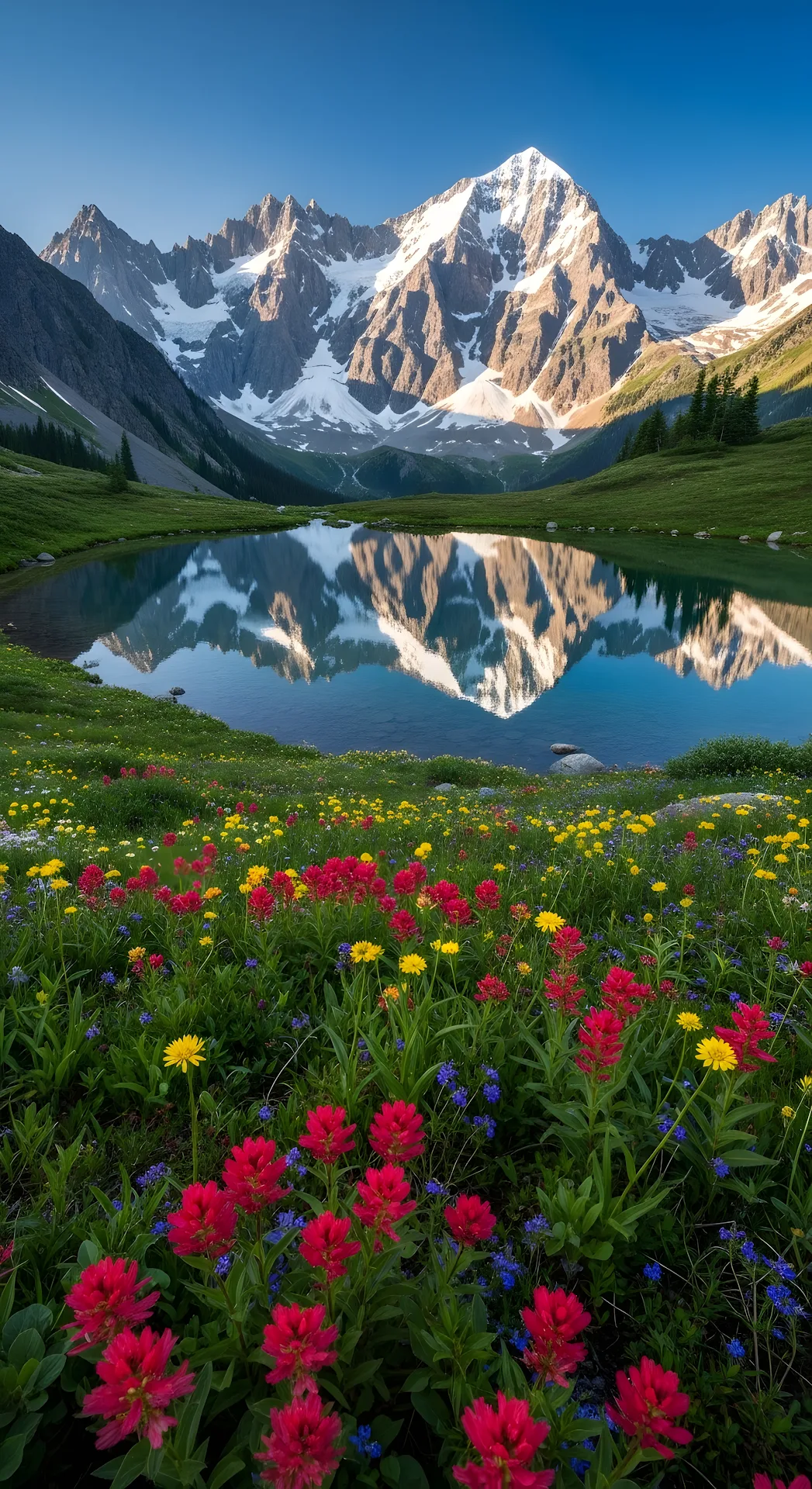 Symmetrical Landscape of Snow-Capped Mountains and Wildflower Meadow - Free 4K mobile Wallpaper