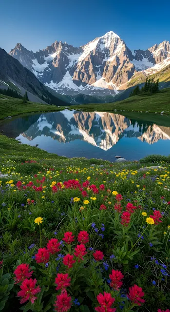 Symmetrical Landscape of Snow-Capped Mountains and Wildflower Meadow - Free mobile Wallpaper
