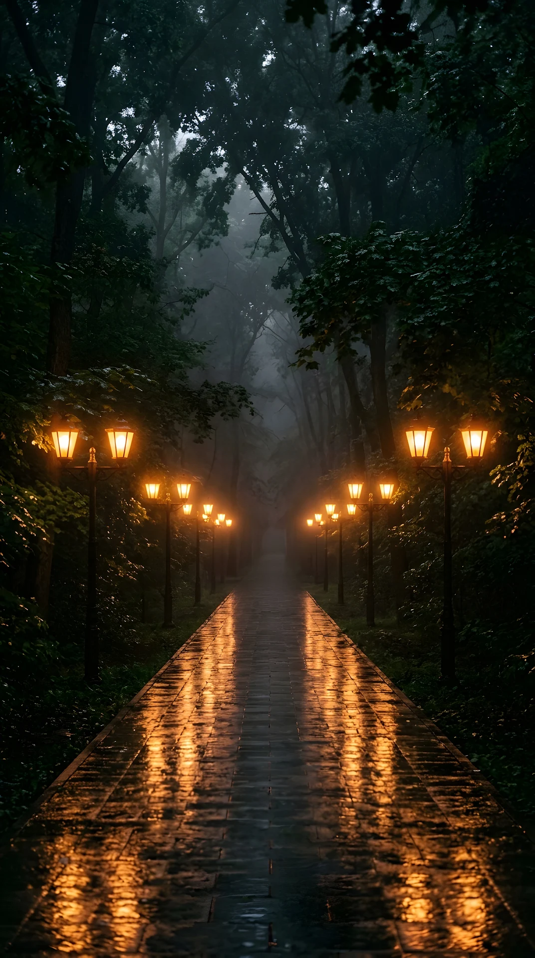 Symmetrical View of a Wet Park Path Lined with Glowing Lanterns in the Fog - Free 4K mobile Wallpaper