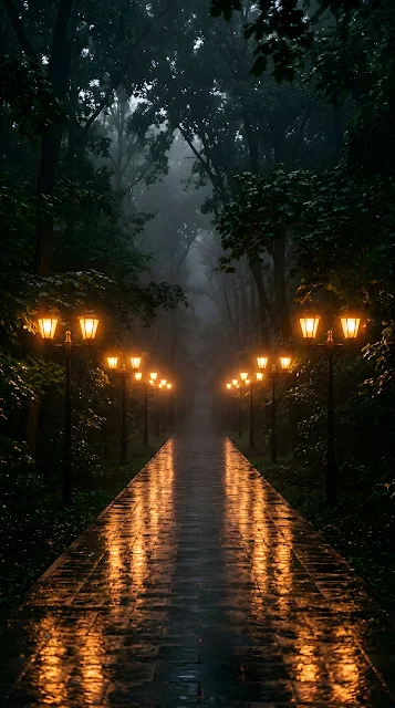 Symmetrical View of a Wet Park Path Lined with Glowing Lanterns in the Fog - Free mobile Wallpaper
