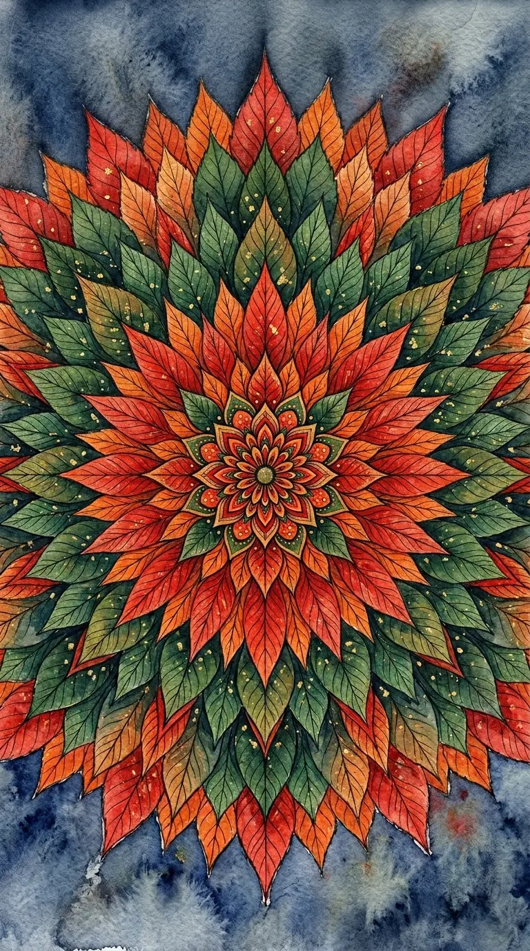 Symmetrical Watercolor Mandala Constructed from Colorful Autumn Leaves - Free 8K and 4K mobile Wallpaper Background
