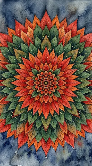 Symmetrical Watercolor Mandala Constructed from Colorful Autumn Leaves - Free 4K & 8K mobile Wallpaper