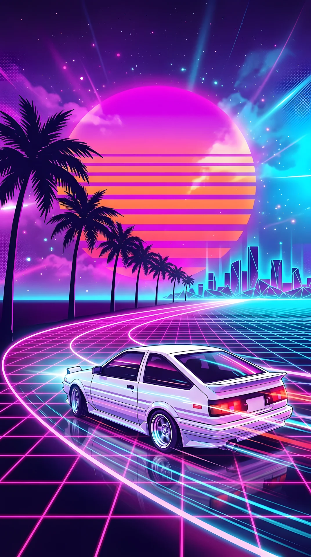 Synthwave Illustration of a Sports Car on a Glowing Grid Under a Neon Sun - Free 4K mobile Wallpaper