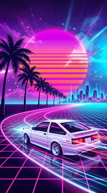 Synthwave Illustration of a Sports Car on a Glowing Grid Under a Neon Sun - Free mobile Wallpaper