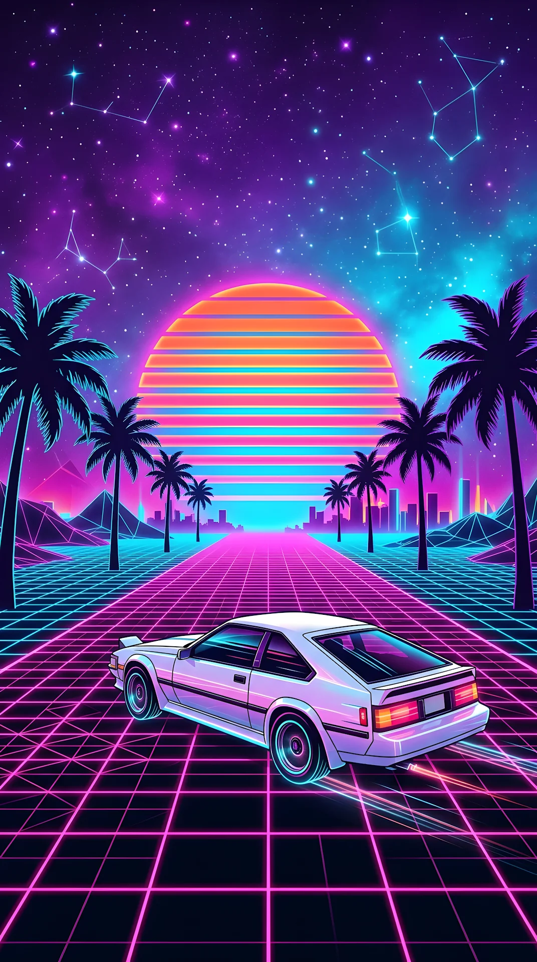 Synthwave Illustration of a Sports Car on a Glowing Grid Under a Neon Sun - Free 4K mobile Wallpaper