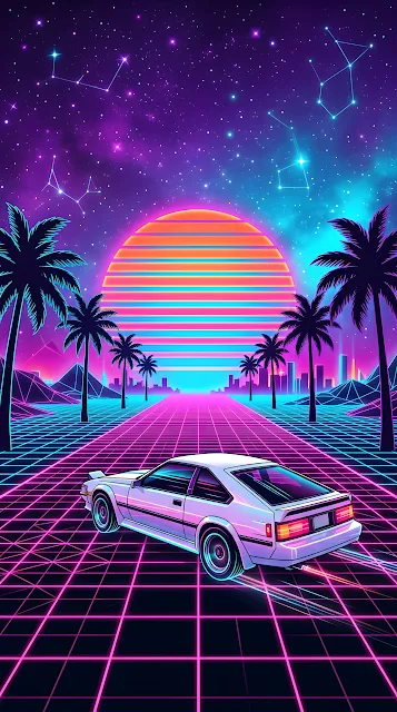 Synthwave Illustration of a Sports Car on a Glowing Grid Under a Neon Sun - Free mobile Wallpaper